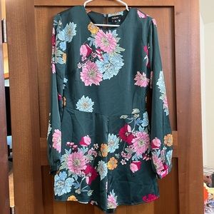 Medium Green Floral Romper with Long Sleeves